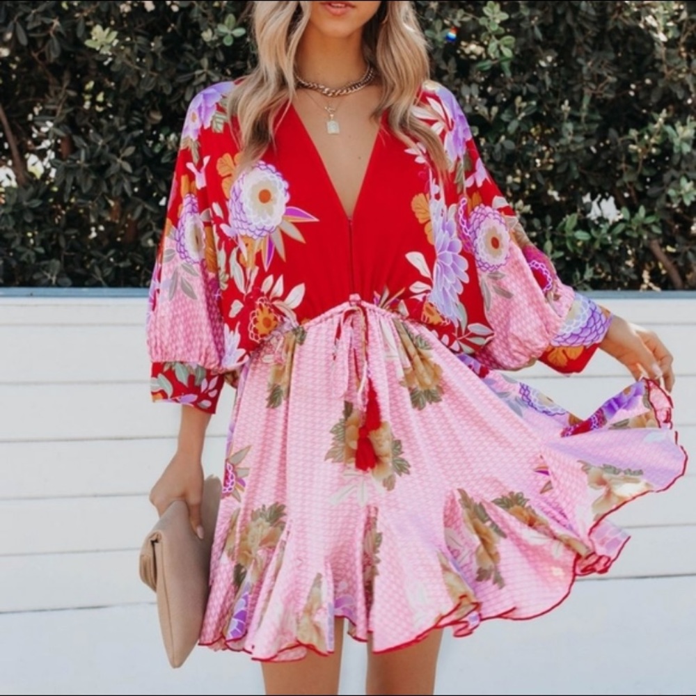 Big Island Floral Tassel Dress Medium Adjustable